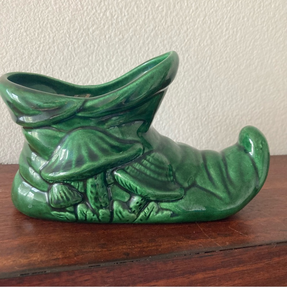 Vintage Green Ceramic Elf Pixie Gnome Boot Shoe Planter with Mushrooms